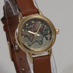 Accutime Ladies Casual Quartz Watch Map Dial Gold Tune Braided Strap 24mm